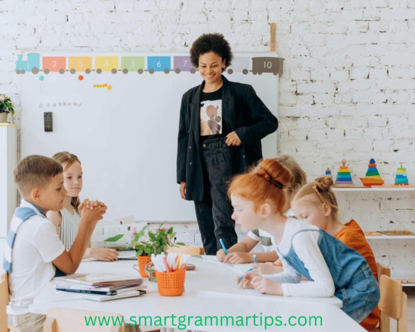 Illustration of a teacher explaining different types of sentences in English grammar to a diverse group of students